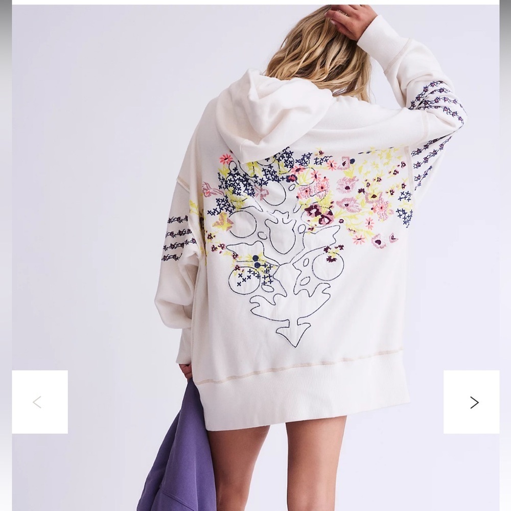 Free People At My Best Embroidered Hoodie Large Color: Ivory Combo NWT